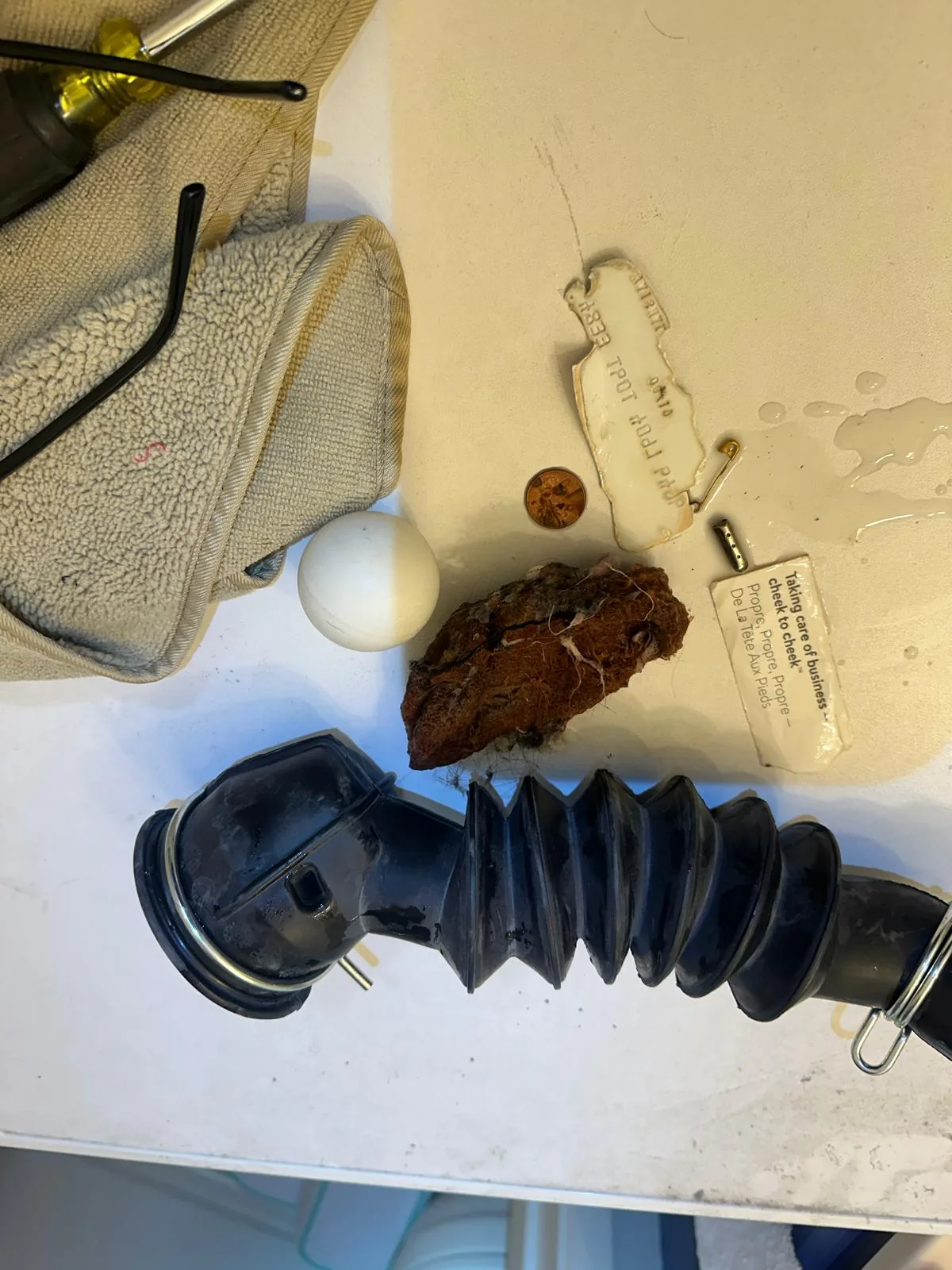 Foreign objects and debris removed from Whirlpool washer drain hose